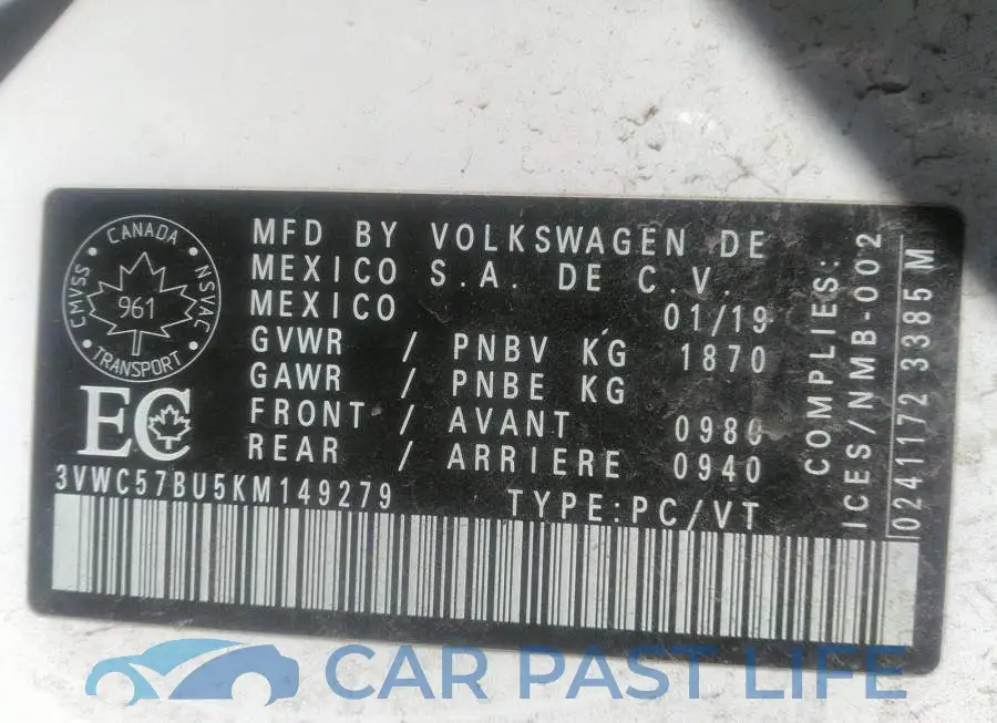 3VWC57BU5KM149279# 9