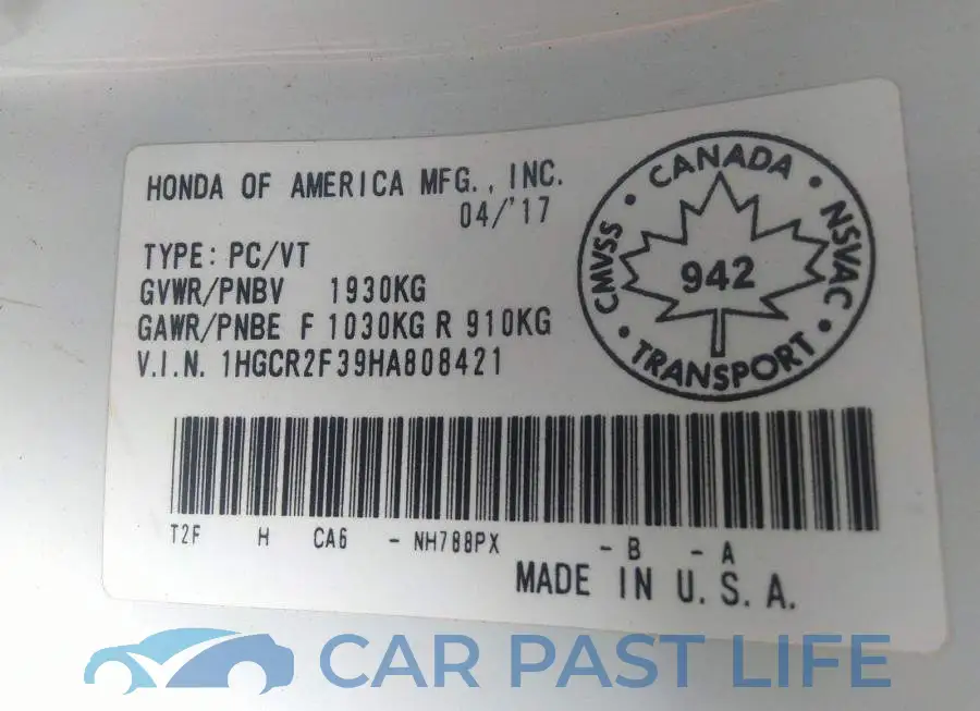 1HGCR2F39HA808421# 9