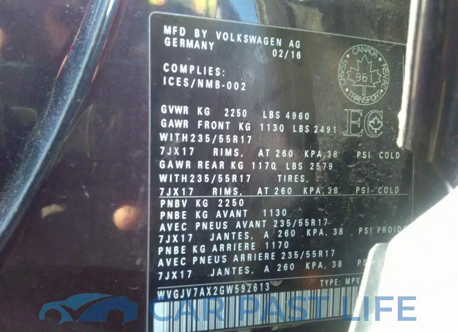 WVGJV7AX2GW592613# 9