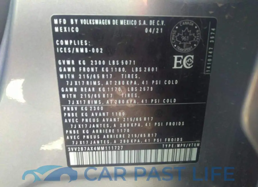 3VV2B7AX4MM111727# 9