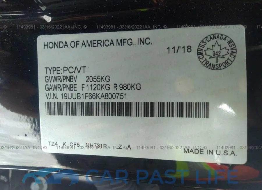 19UUB1F66KA800751# 9