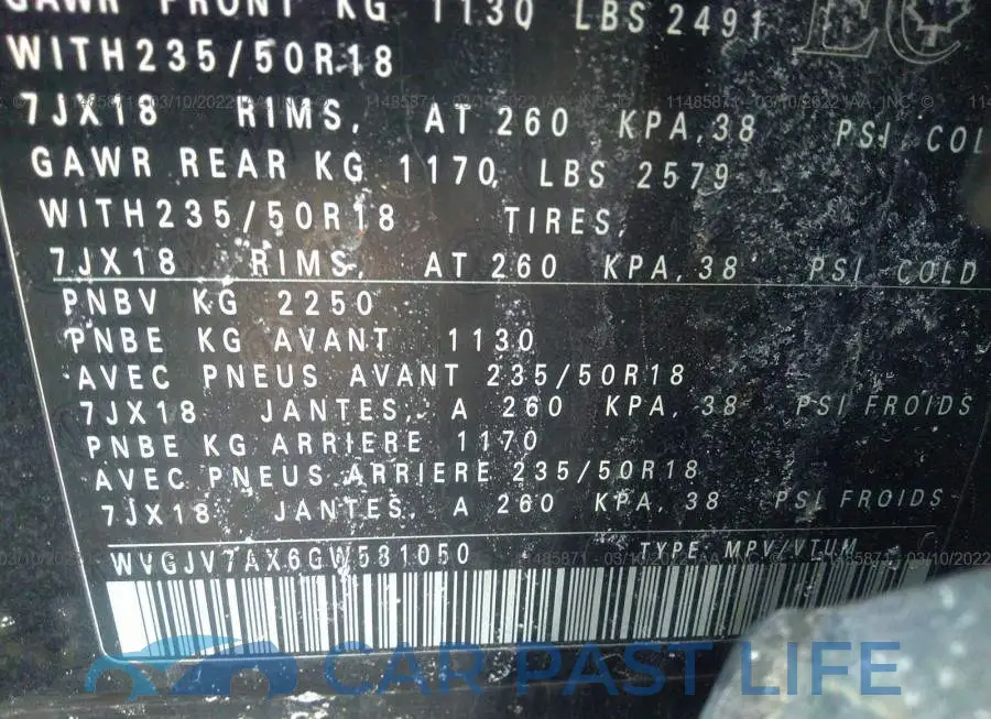 WVGJV7AX6GW581050# 9