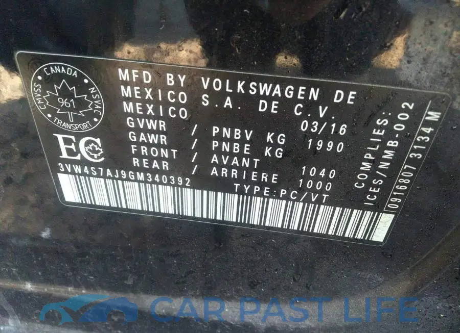 3VW4S7AJ9GM340392# 9