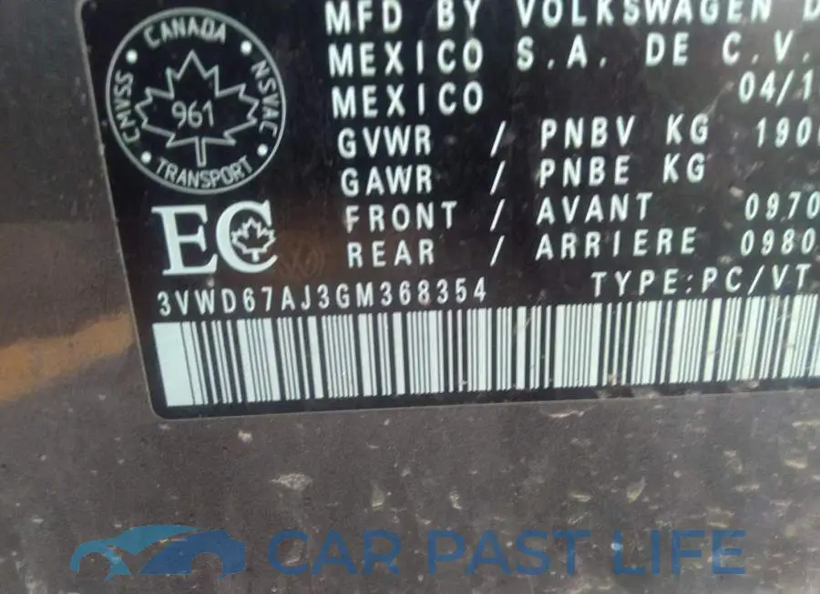 3VWD67AJ3GM368354# 9