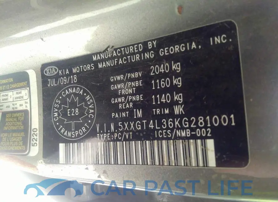 5XXGT4L36KG281001# 9
