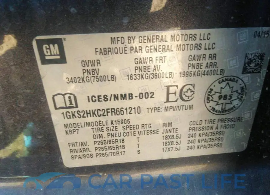 1GKS2HKC2FR661210# 9