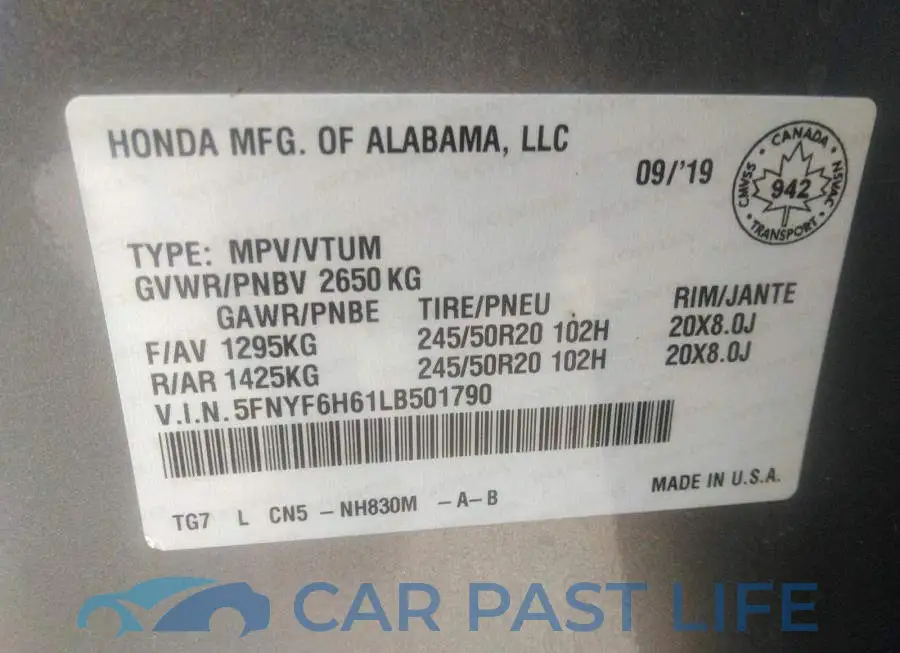 5FNYF6H61LB501790# 9