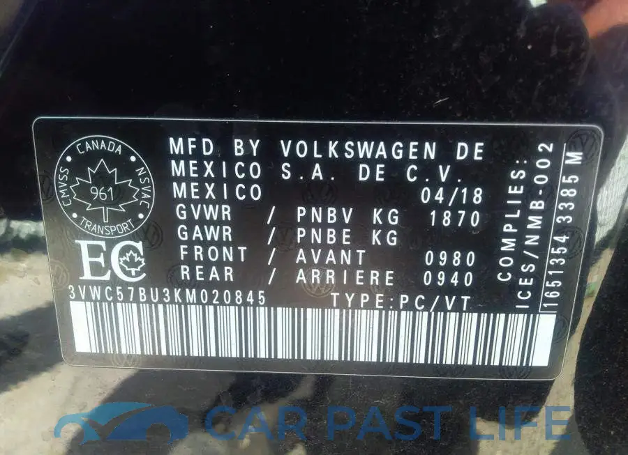3VWC57BU3KM020845# 9