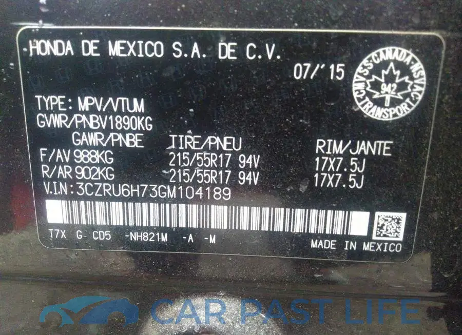 3CZRU6H73GM104189# 9