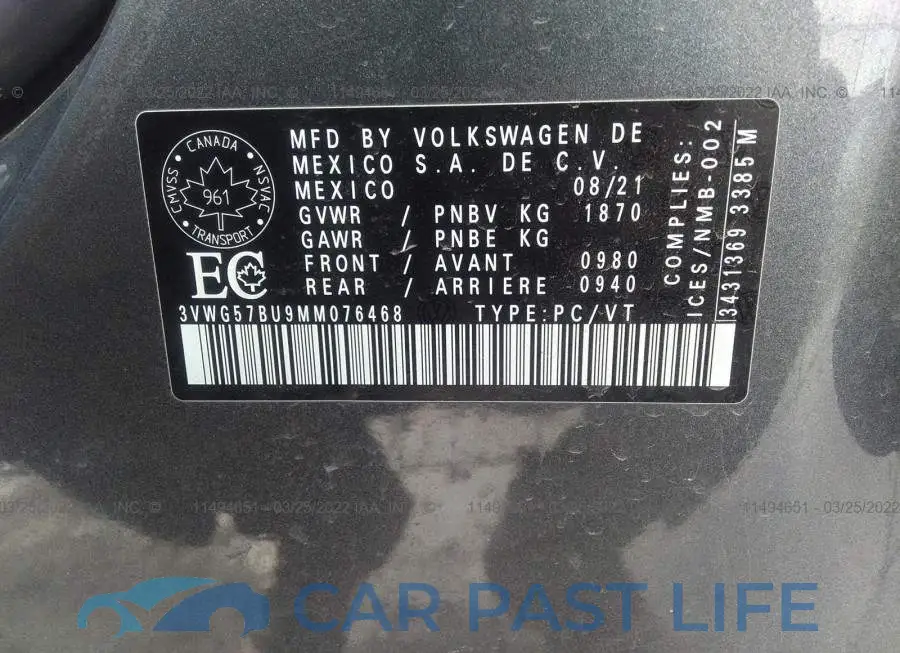 3VWG57BU9MM076468# 9