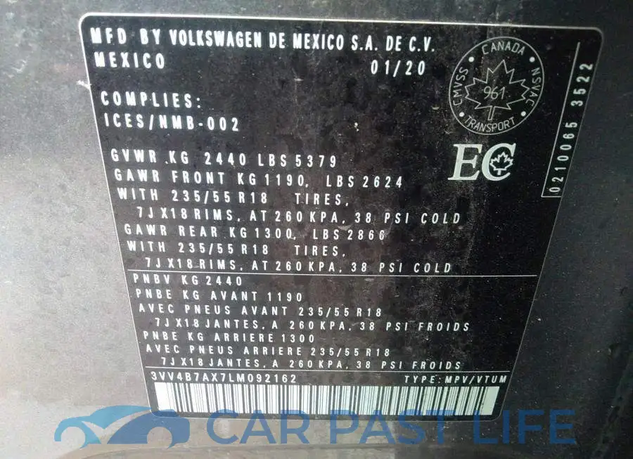 3VV4B7AX7LM092162# 9