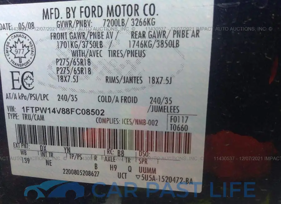 1FTPW14V88FC08502# 9