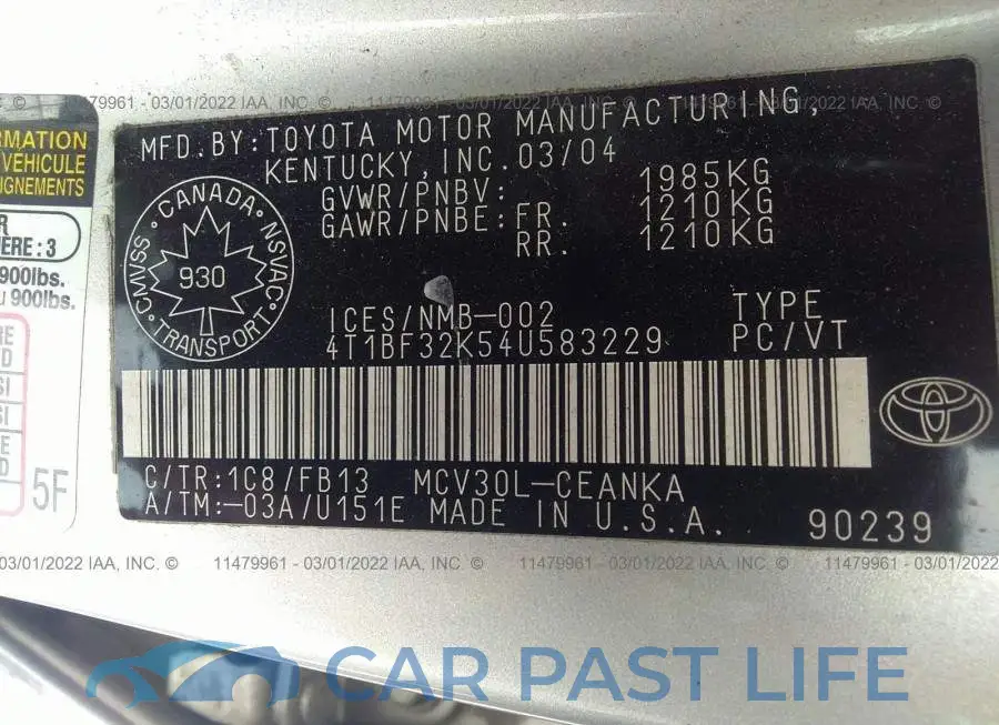 4T1BF32K54U583229# 9