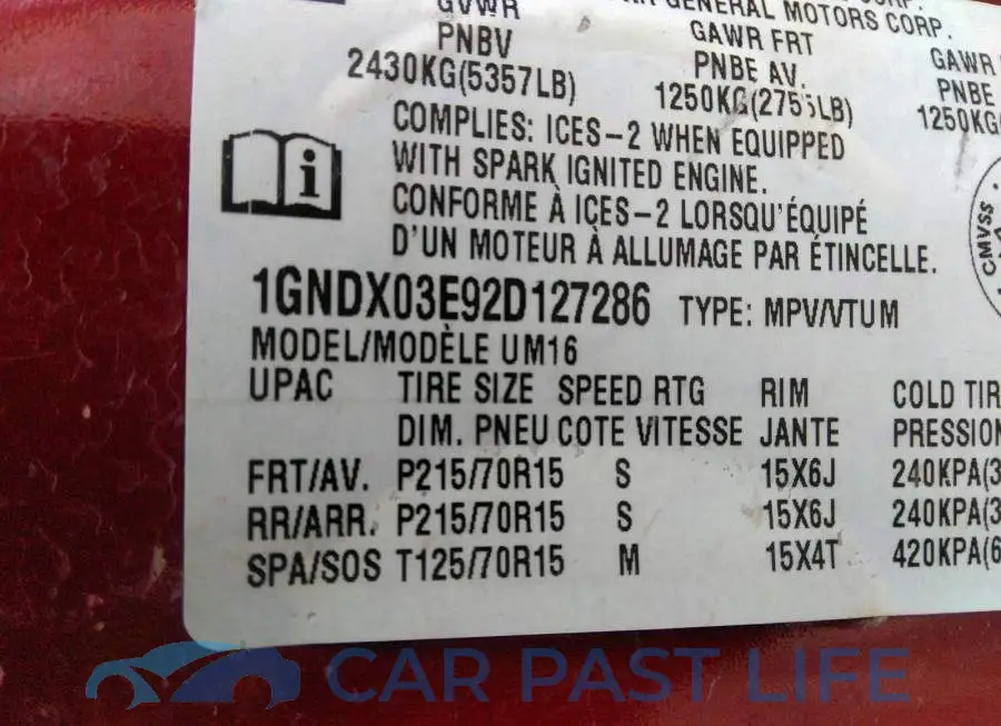 1GNDX03E92D127286# 9