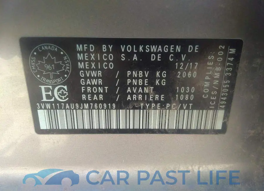3VW117AU9JM760919# 9