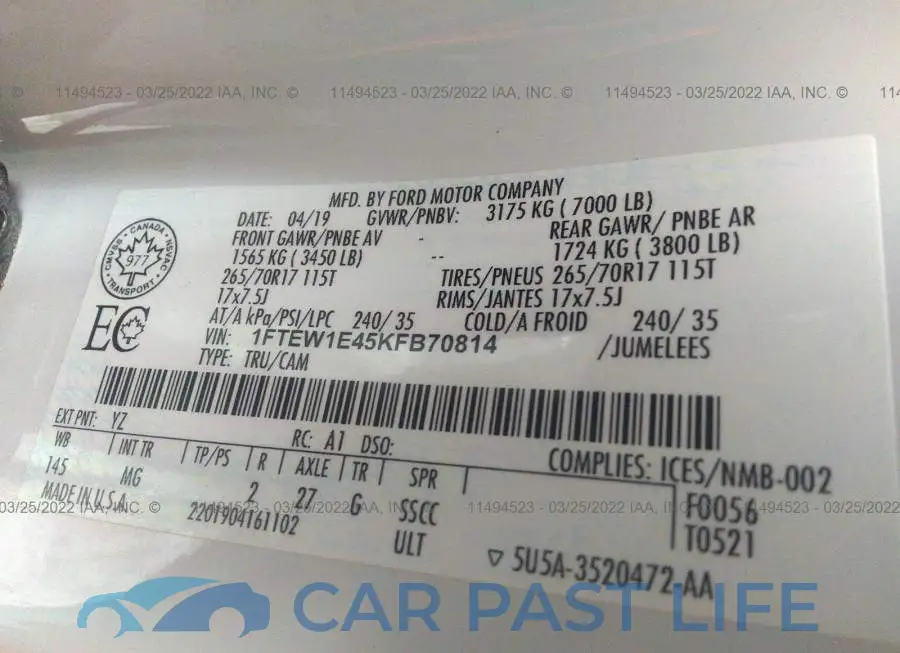 1FTEW1E45KFB70814# 9