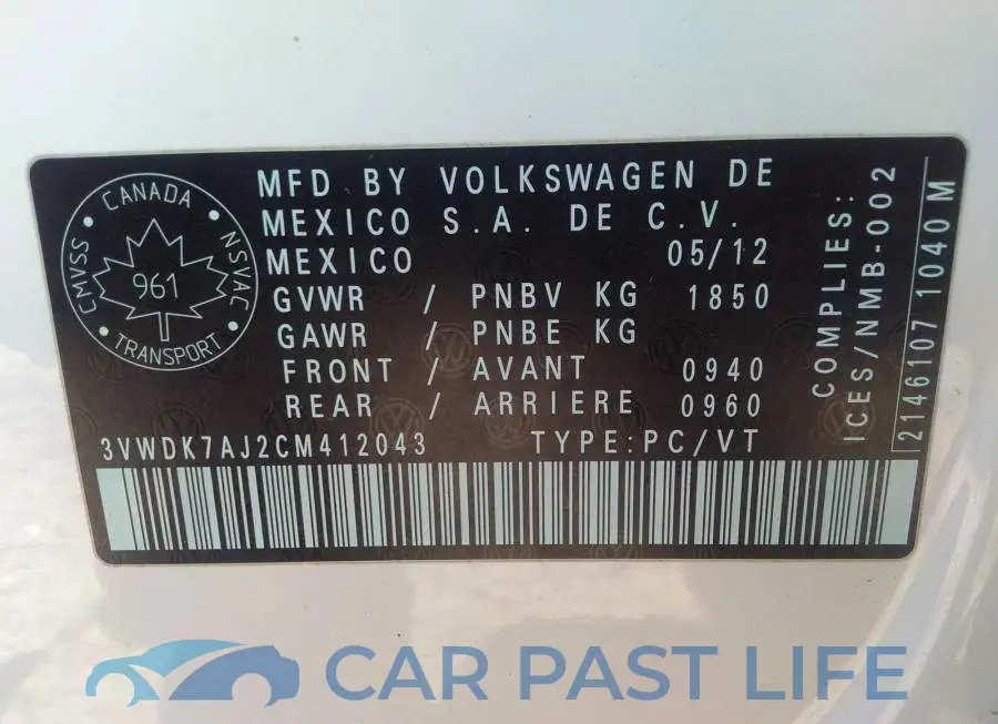 3VWDK7AJ2CM412043# 9