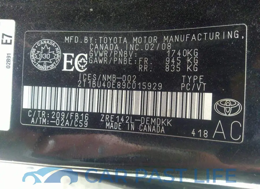 2T1BU40E89C015929# 9