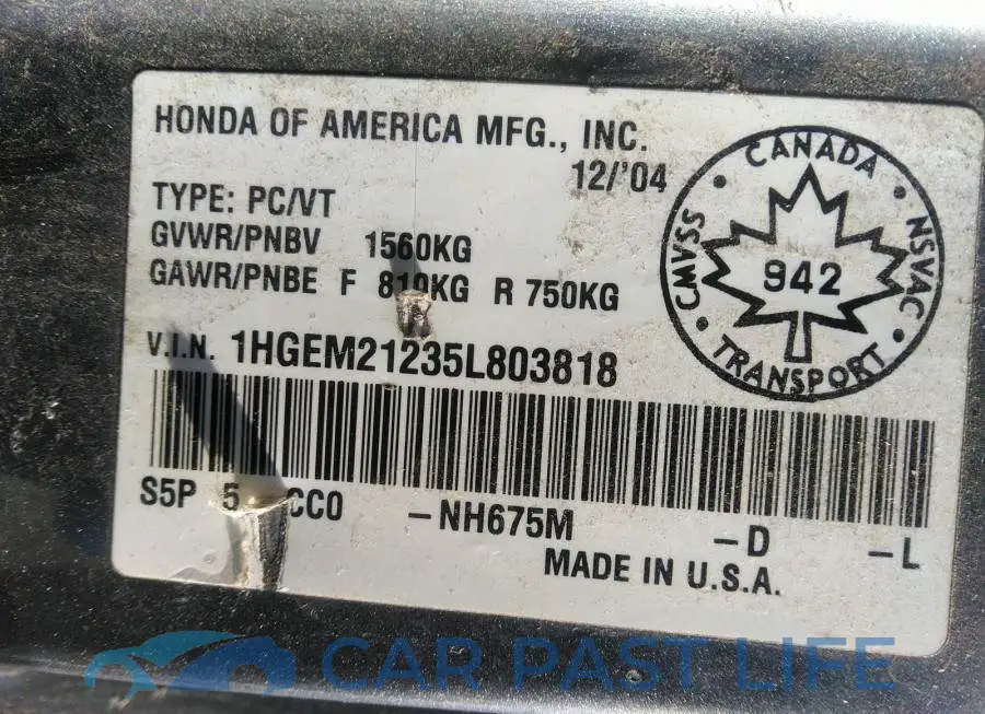1HGEM21235L803818# 9