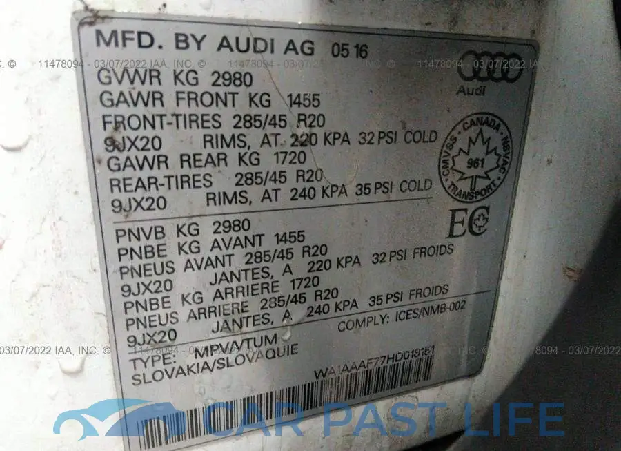 WA1AAAF77HD018151# 9