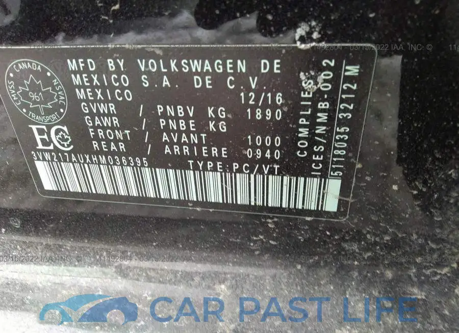 3VW217AUXHM036395# 9
