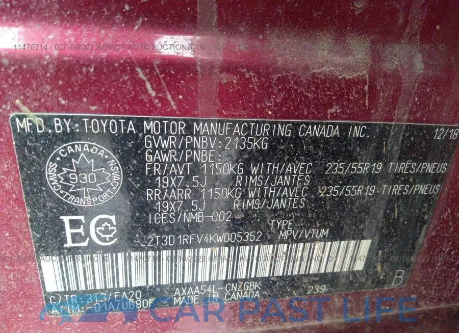 2T3D1RFV4KW005352# 9