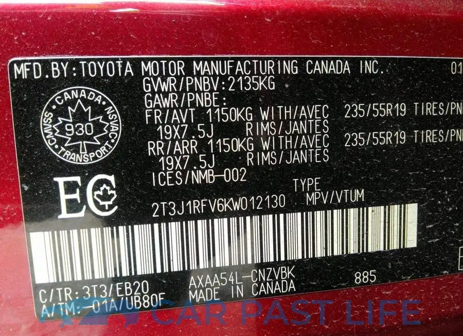 2T3J1RFV6KW012130# 9