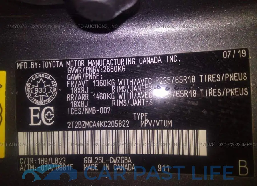 2T2BZMCA4KC205822# 9