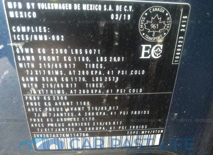 3VV2B7AX7KM114764# 9