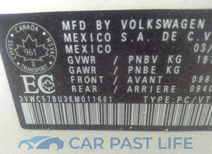 3VWC57BU3KM011661# 9