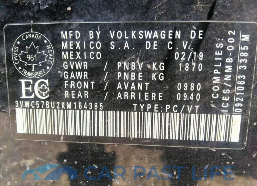 3VWC57BU2KM164385# 9