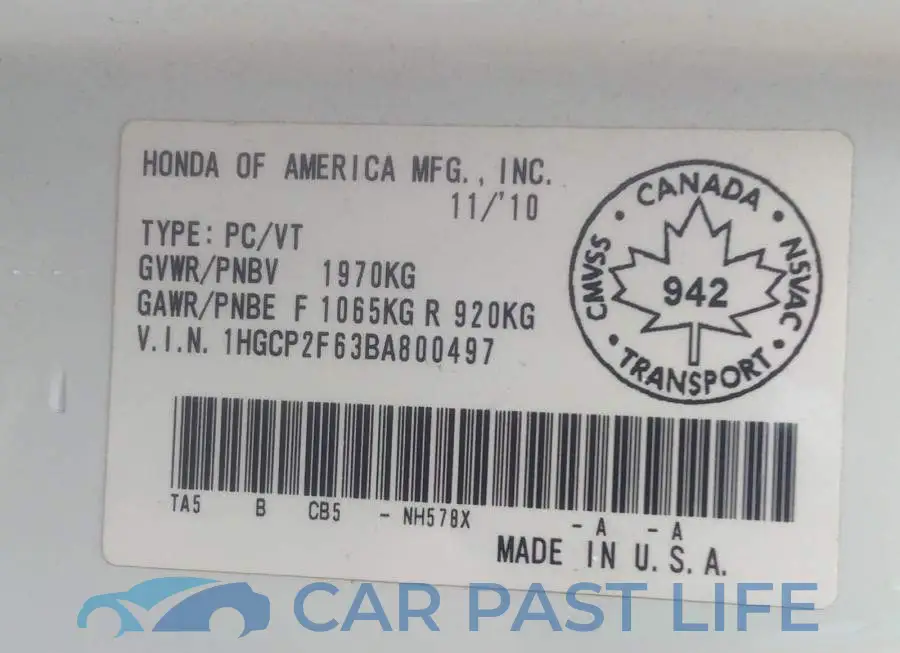 1HGCP2F63BA800497# 9