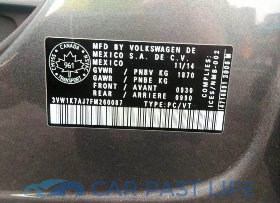 3VW1K7AJ7FM260087# 9