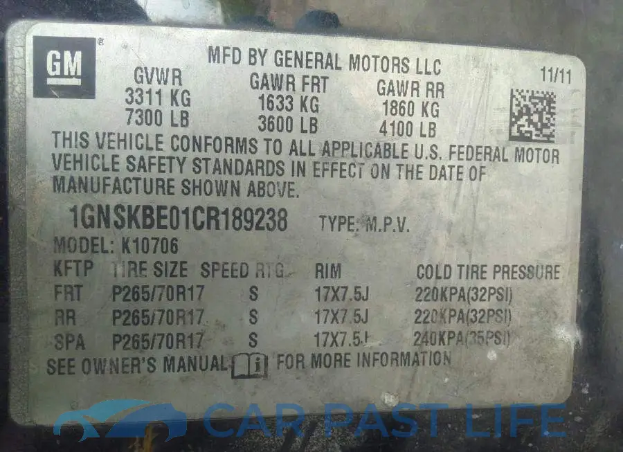 1GNSKBE01CR189238# 9