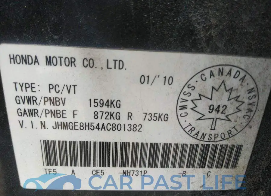 JHMGE8H54AC801382# 9
