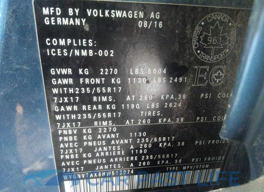 WVGNV7AX6HW513074# 9