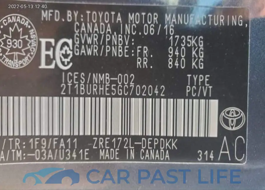 2T1BURHE5GC702042# 7