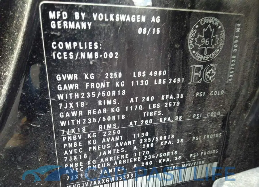 WVGJV7AXXGW033231# 9
