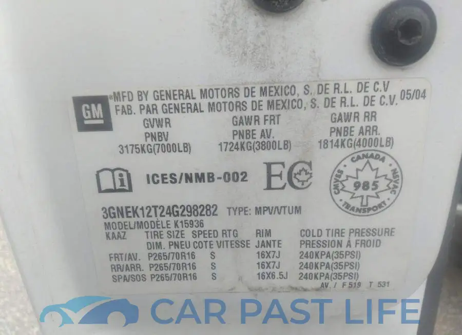 3GNEK12T24G298282# 9