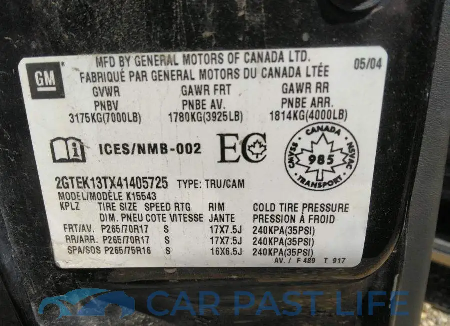 2GTEK13TX41405725# 9