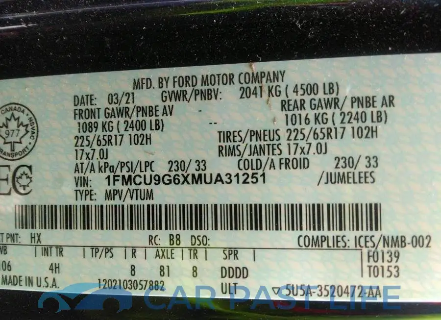1FMCU9G6XMUA31251# 9