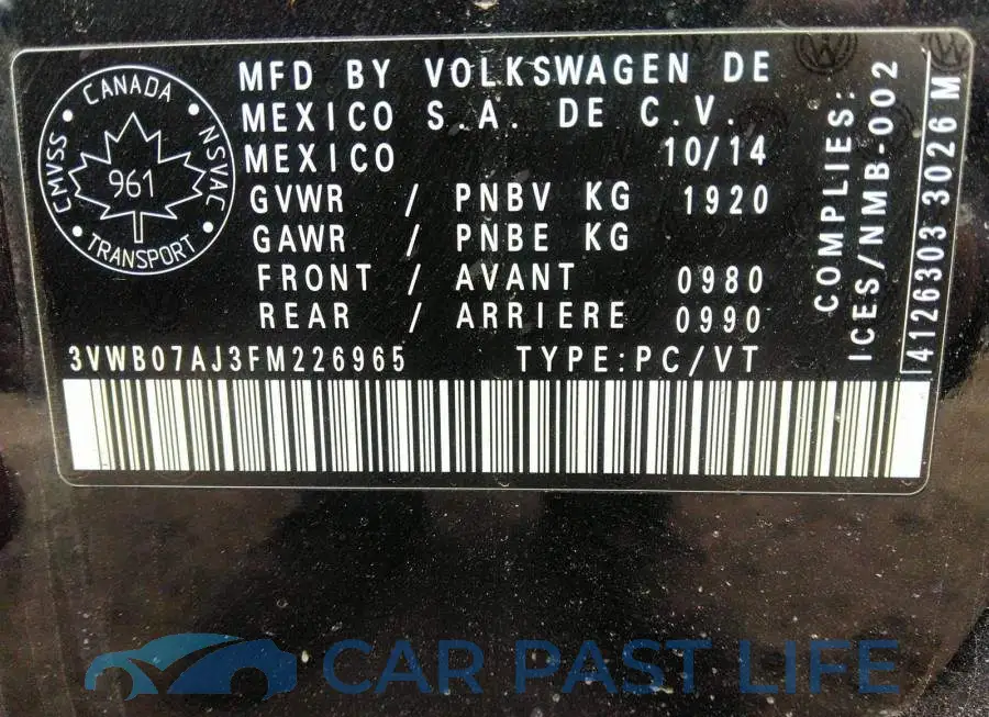 3VWB07AJ3FM226965# 9