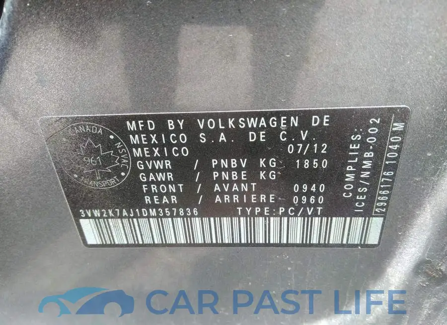3VW2K7AJ1DM357836# 9