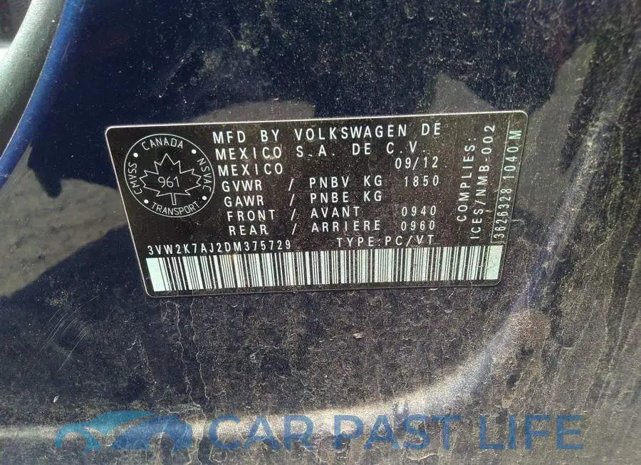 3VW2K7AJ2DM375729# 9