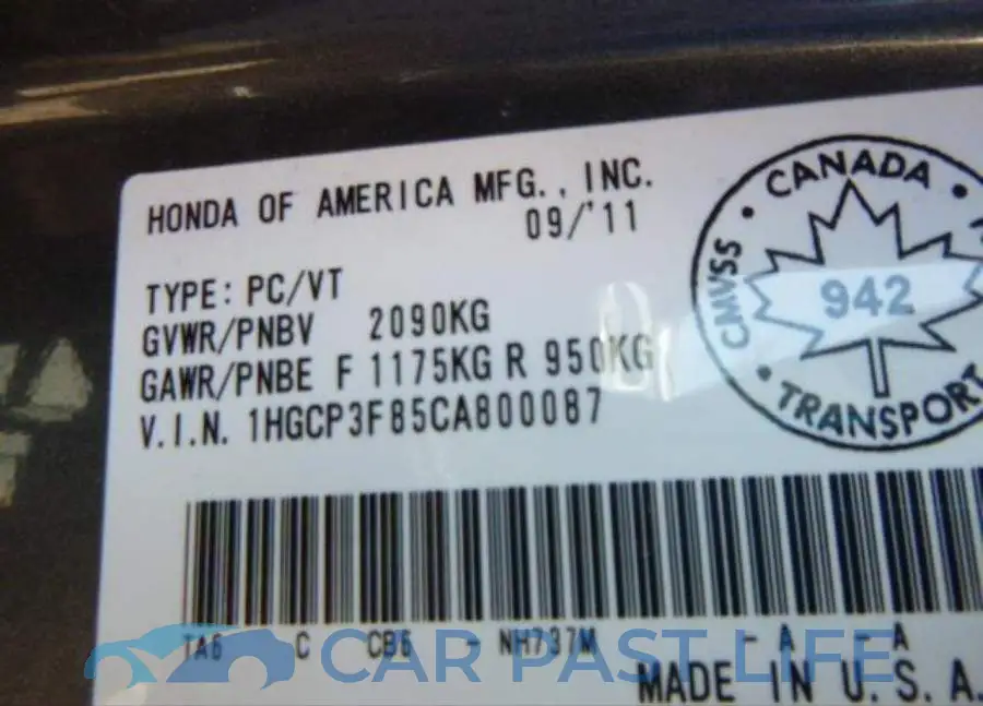 1HGCP3F85CA800087# 9