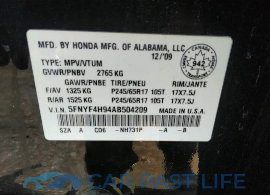 5FNYF4H94AB504209# 9
