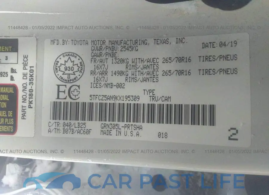 5TFCZ5AN9KX195309# 9