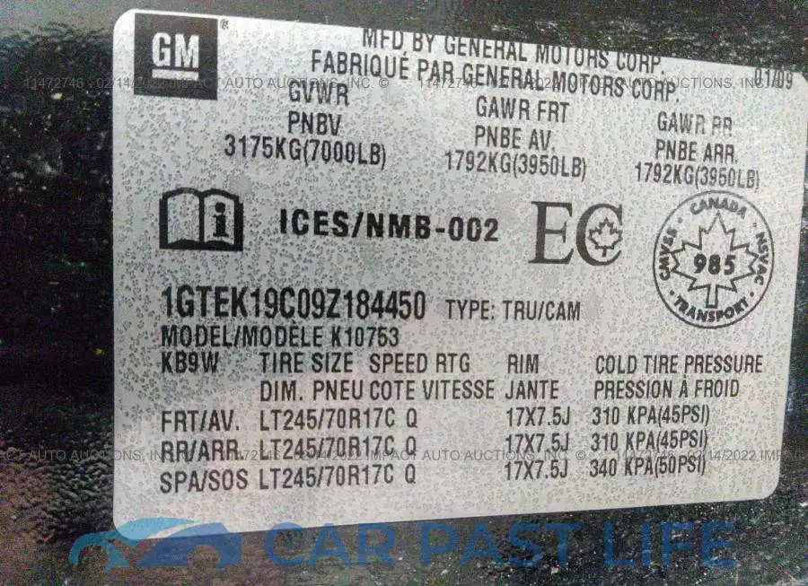 1GTEK19C09Z184450# 9