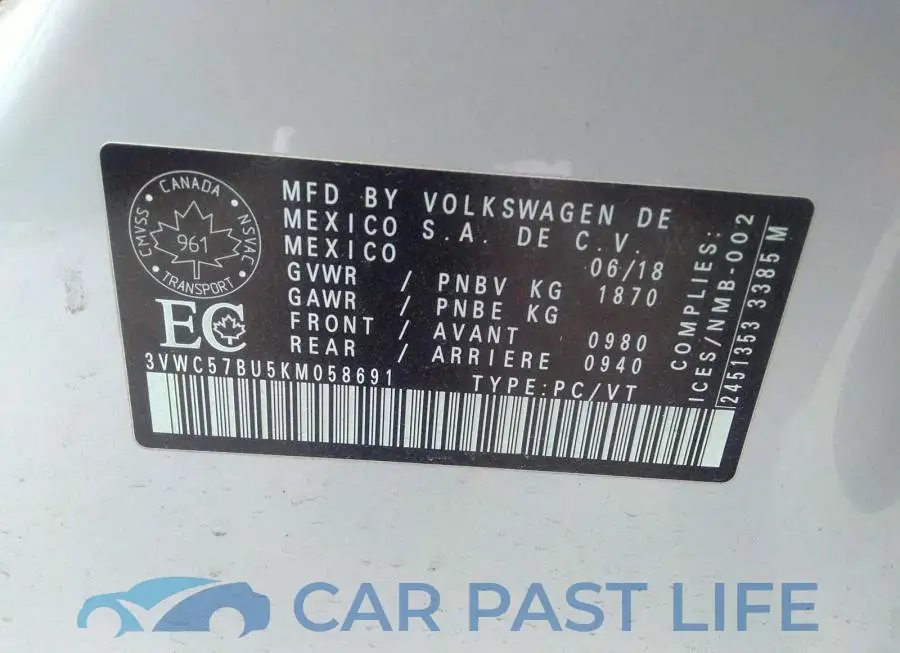 3VWC57BU5KM058691# 9