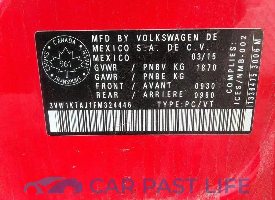 3VW1K7AJ1FM324446# 9